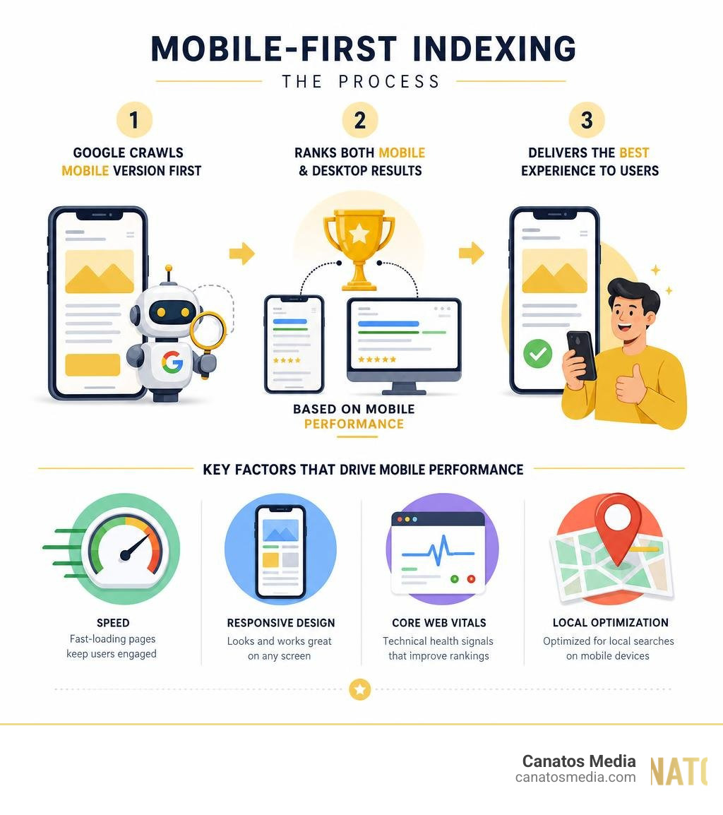 Infographic showing mobile-first indexing process: Google crawls mobile version first, ranks both mobile and desktop results