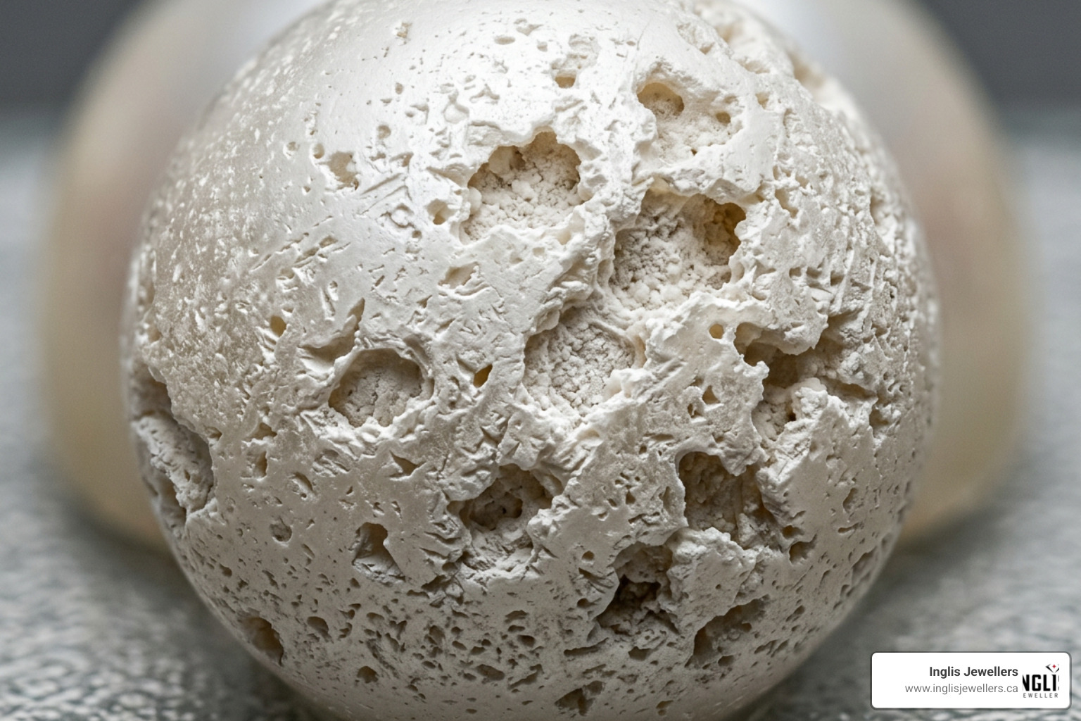 damaged pearl surface under magnification showing chemical pitting