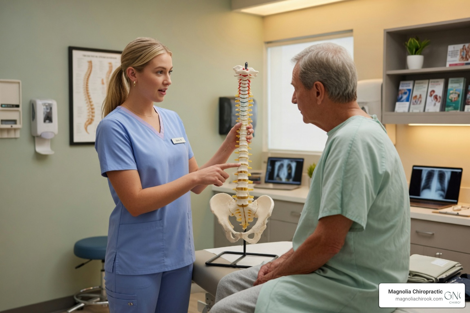 Warm, professional photography of a female chiropractor explaining spinal anatomy to a patient Warm, professional photography of a female chiropractor explaining spinal anatomy to a patient