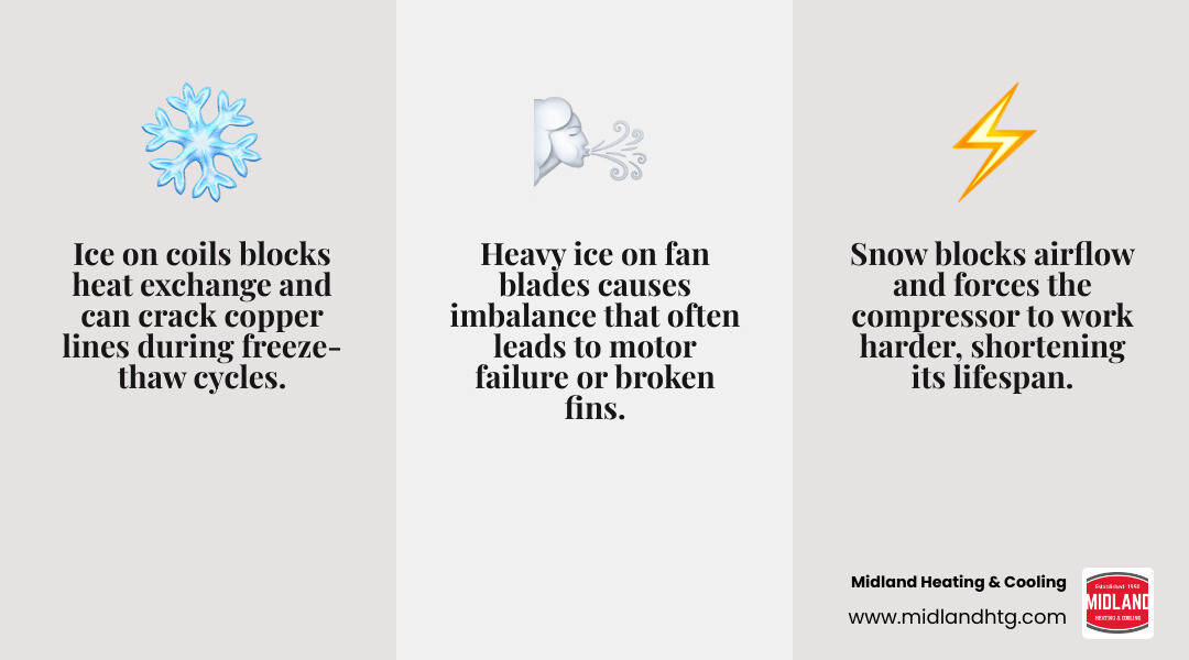 Infographic showing 5 winter risks to outdoor AC units including ice buildup airflow blockage and freeze-thaw damage Infographic showing 5 winter risks to outdoor AC units including ice buildup airflow blockage and freeze-thaw damage
