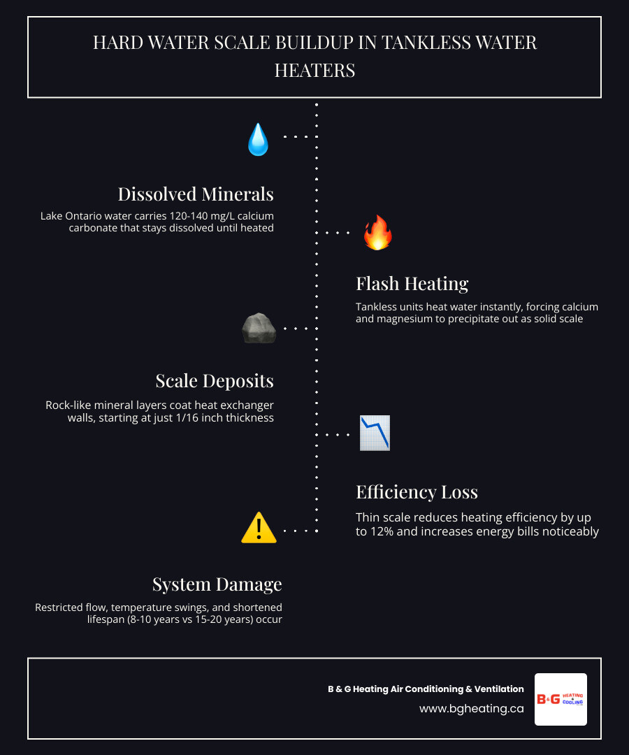 Infographic showing how hard water scale forms in tankless water heaters and its impact on efficiency, lifespan, and flow Infographic showing how hard water scale forms in tankless water heaters and its impact on efficiency, lifespan, and flow
