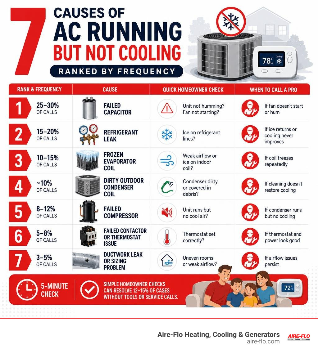 Infographic showing 7 causes of AC running but not cooling, ranked by frequency with quick homeowner checks and when to call