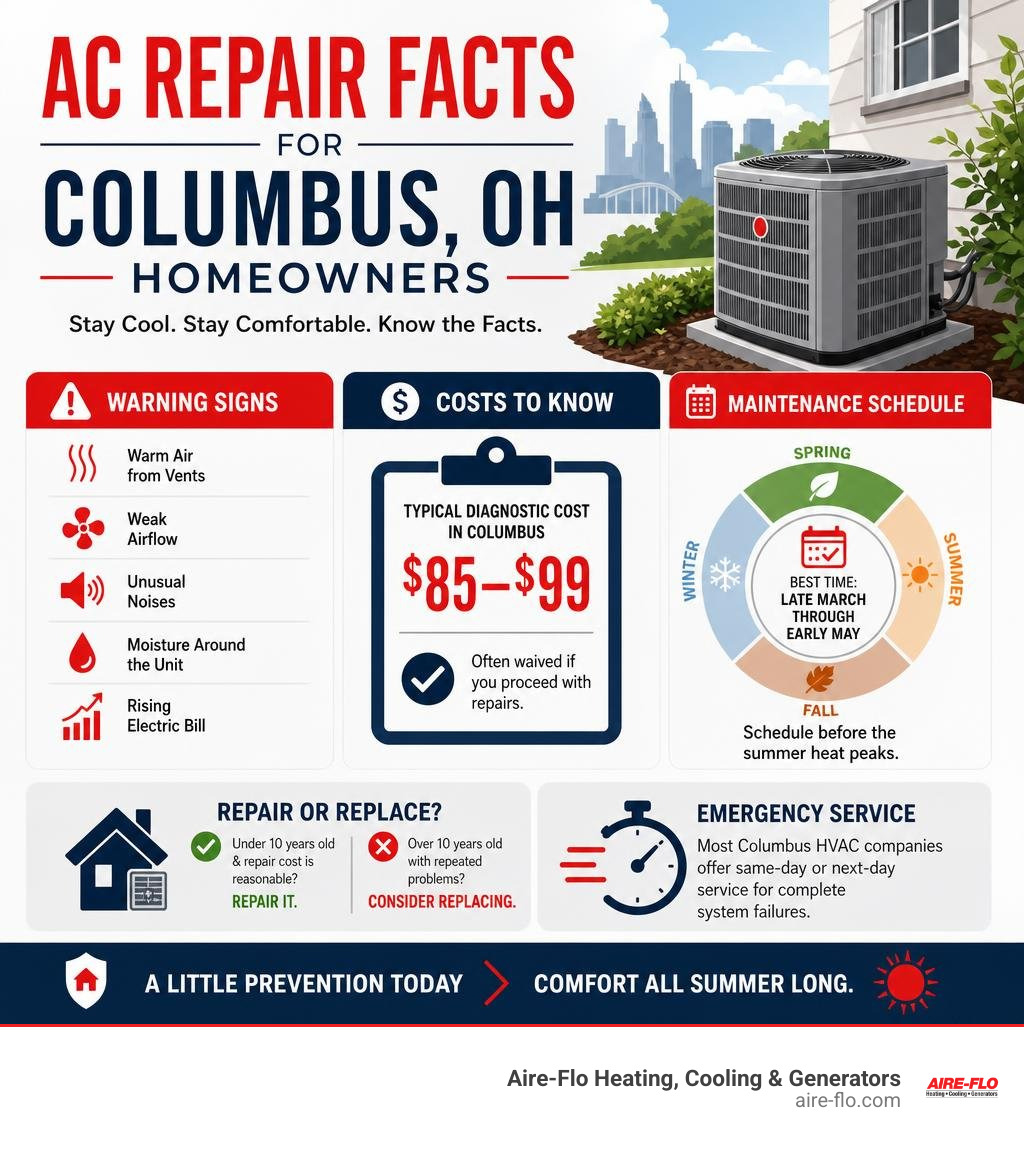 Infographic showing key AC repair facts for Columbus OH homeowners including warning signs, costs, and maintenance schedule