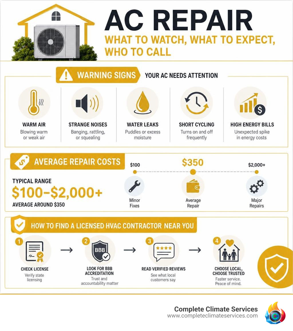 infographic showing AC repair warning signs, average costs, and how to find a licensed HVAC contractor near you infographic