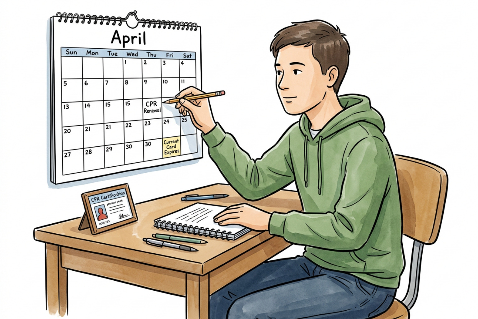 A student using a calendar to schedule their CPR certification renewal well before their current card expires