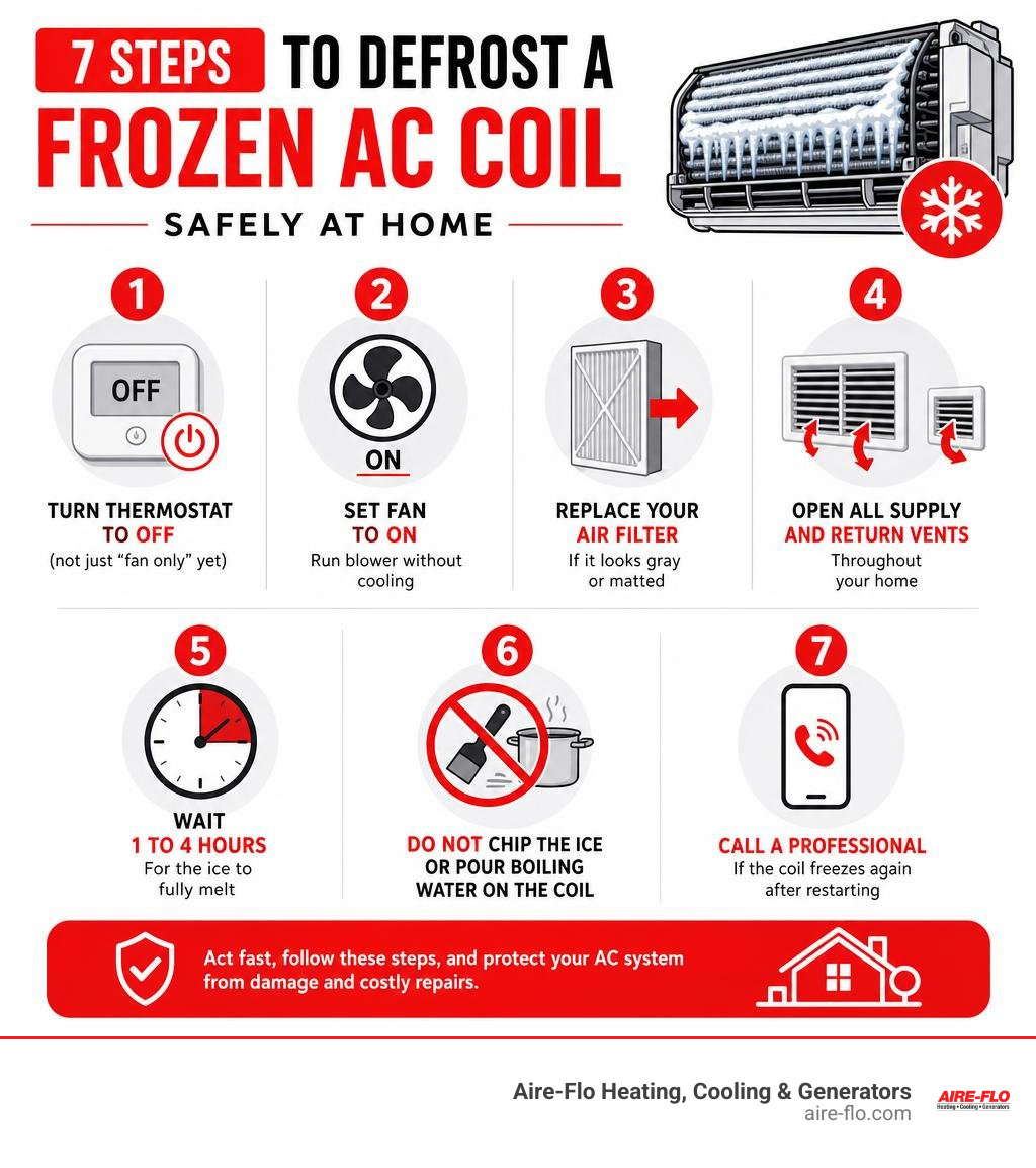 Infographic showing step-by-step process for defrosting a frozen AC coil safely at home infographic