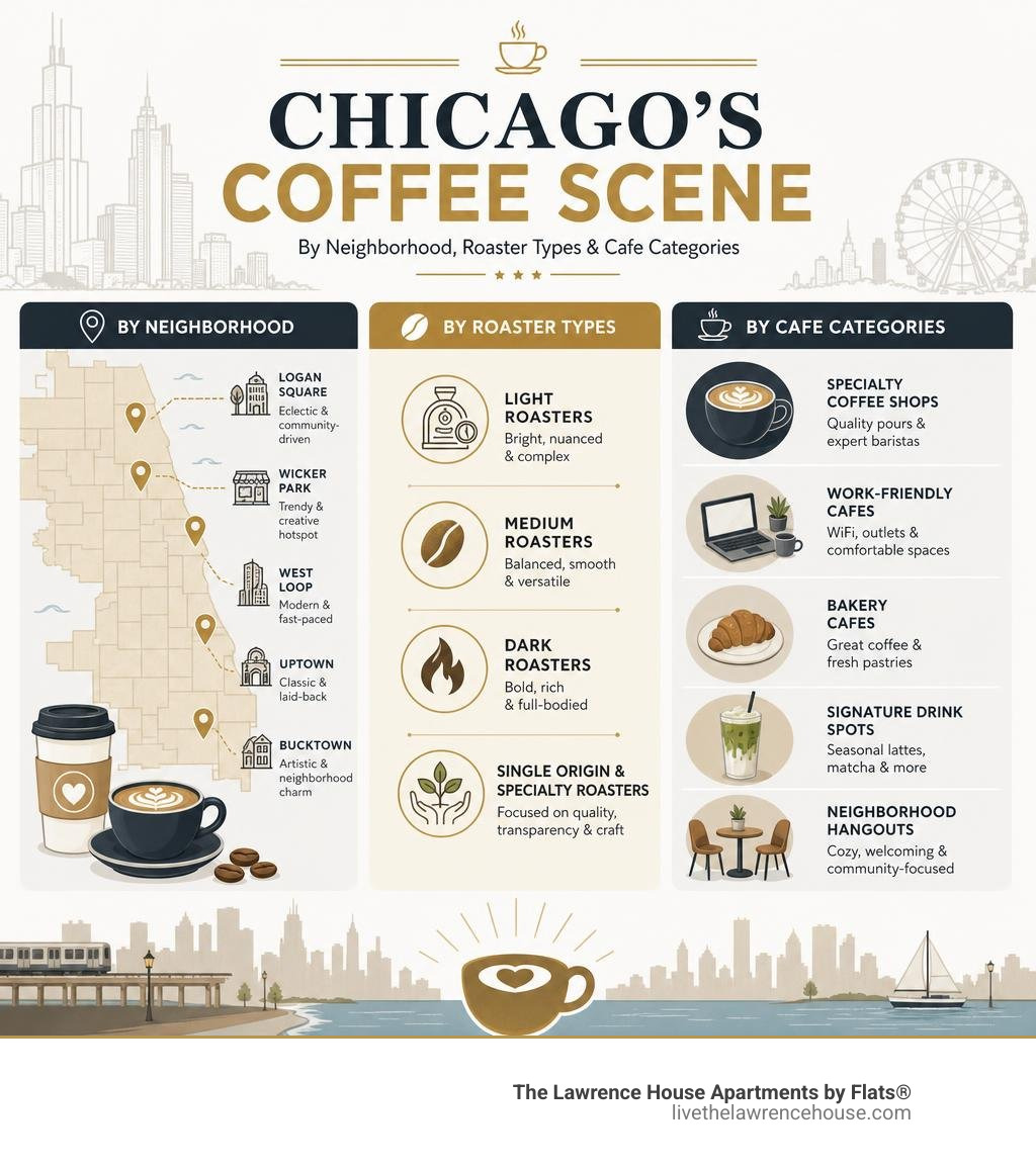 infographic showing Chicago's coffee scene by neighborhood, roaster types, and cafe categories infographic infographic showing Chicago's coffee scene by neighborhood, roaster types, and cafe categories infographic
