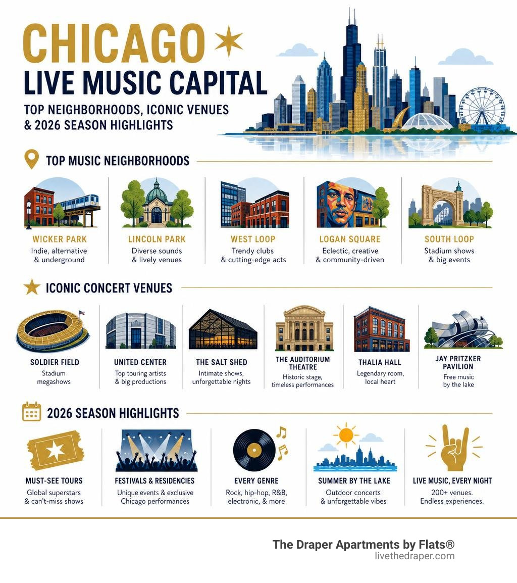 Chicago top music neighborhoods, concert venues, and 2026 season highlights infographic infographic
