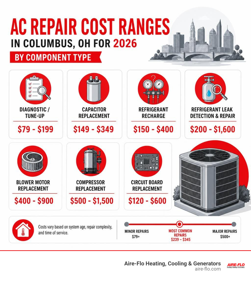 Infographic showing typical AC repair cost ranges in Columbus OH for 2026 by component type infographic