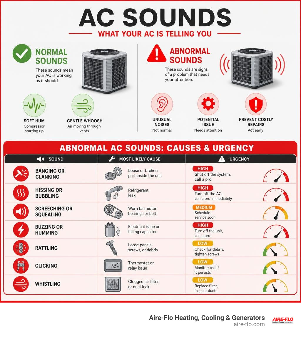 Infographic showing normal vs abnormal AC sounds with causes and urgency levels infographic
