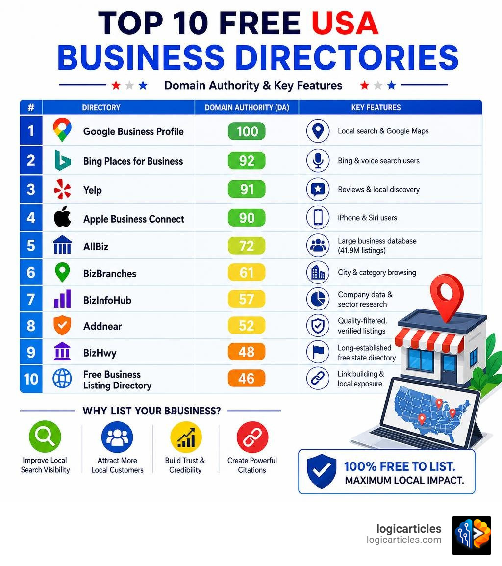 Top 10 free USA business directories infographic with domain authority and key features infographic Top 10 free USA business directories infographic with domain authority and key features infographic