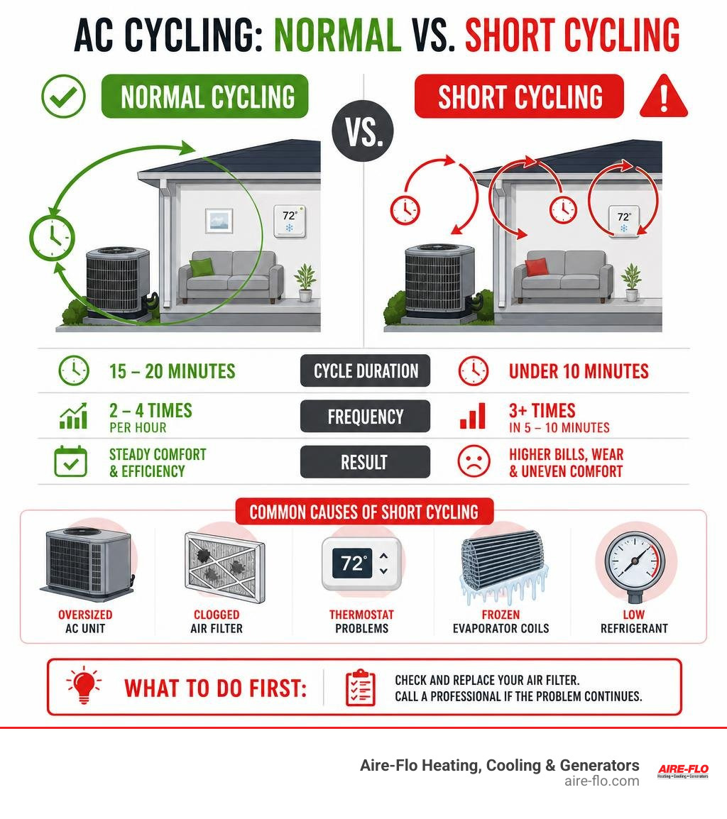 Infographic comparing normal AC cycling vs short cycling with cycle duration, frequency, and causes infographic Infographic comparing normal AC cycling vs short cycling with cycle duration, frequency, and causes infographic