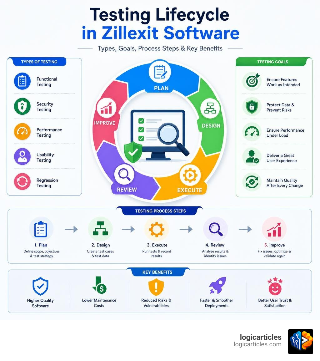 Zillexit testing lifecycle infographic: types, goals, process steps, and key benefits infographic