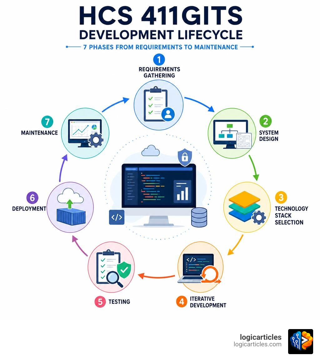 HCS 411GITS development lifecycle infographic: 7 phases from requirements to maintenance infographic