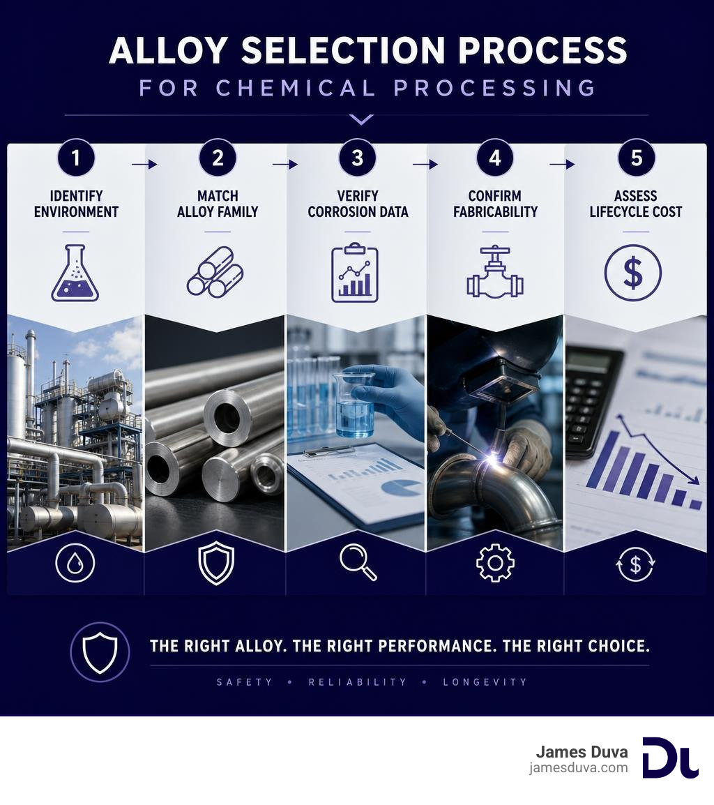 Infographic showing alloy selection process for chemical processing: identify environment, match alloy family, verify Infographic showing alloy selection process for chemical processing: identify environment, match alloy family, verify