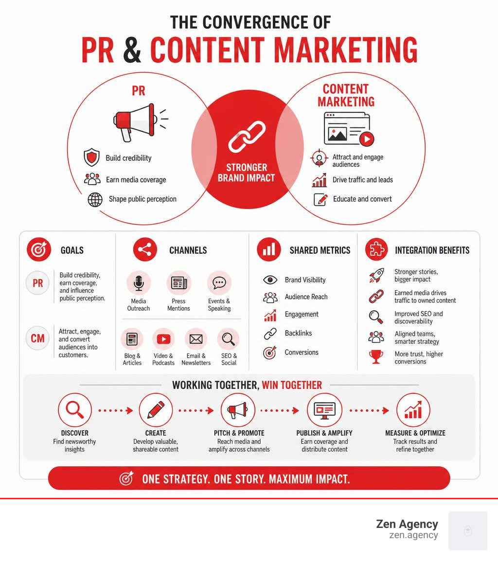 Infographic showing the convergence of PR and content marketing: goals, channels, shared metrics, and integration benefits Infographic showing the convergence of PR and content marketing: goals, channels, shared metrics, and integration benefits