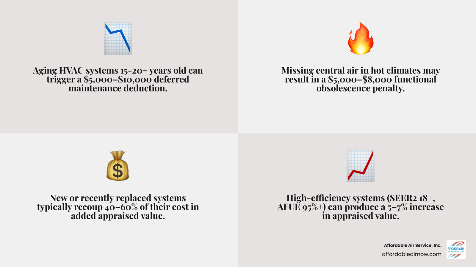 Infographic showing how HVAC condition affects home appraisals with value adjustments by system age and efficiency rating Infographic showing how HVAC condition affects home appraisals with value adjustments by system age and efficiency rating