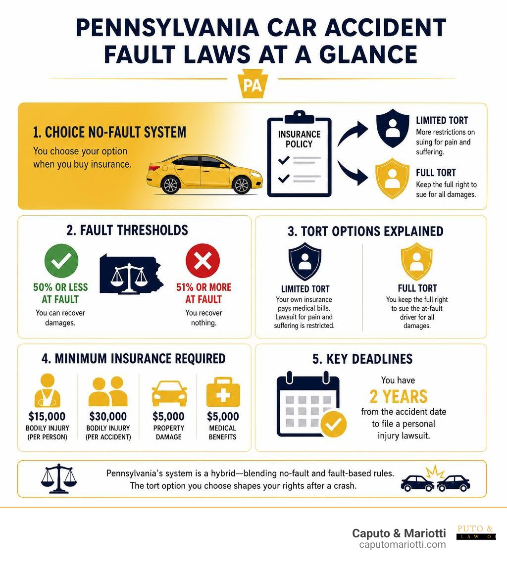 Infographic explaining Pennsylvania's choice no-fault system, tort options, fault thresholds, and insurance minimums Infographic explaining Pennsylvania's choice no-fault system, tort options, fault thresholds, and insurance minimums