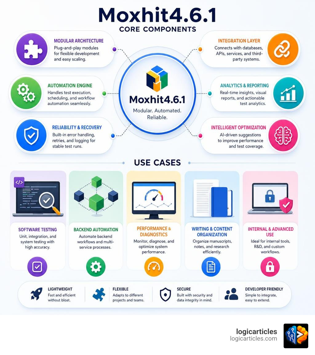 Core components and use cases of Moxhit4.6.1 software explained visually infographic Core components and use cases of Moxhit4.6.1 software explained visually infographic