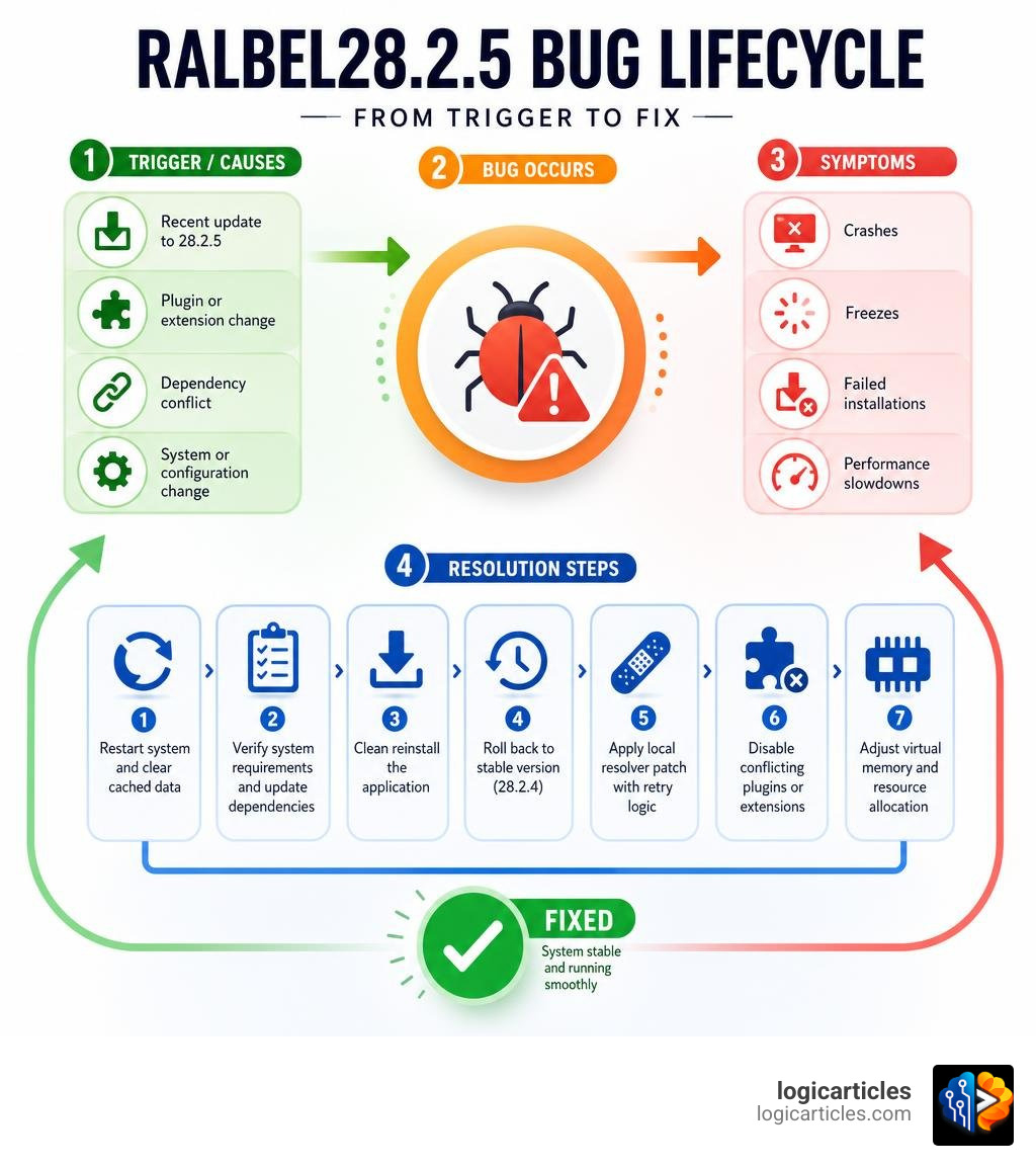 Ralbel28.2.5 bug lifecycle from trigger to fix — infographic showing causes, symptoms, and resolution steps infographic Ralbel28.2.5 bug lifecycle from trigger to fix — infographic showing causes, symptoms, and resolution steps infographic