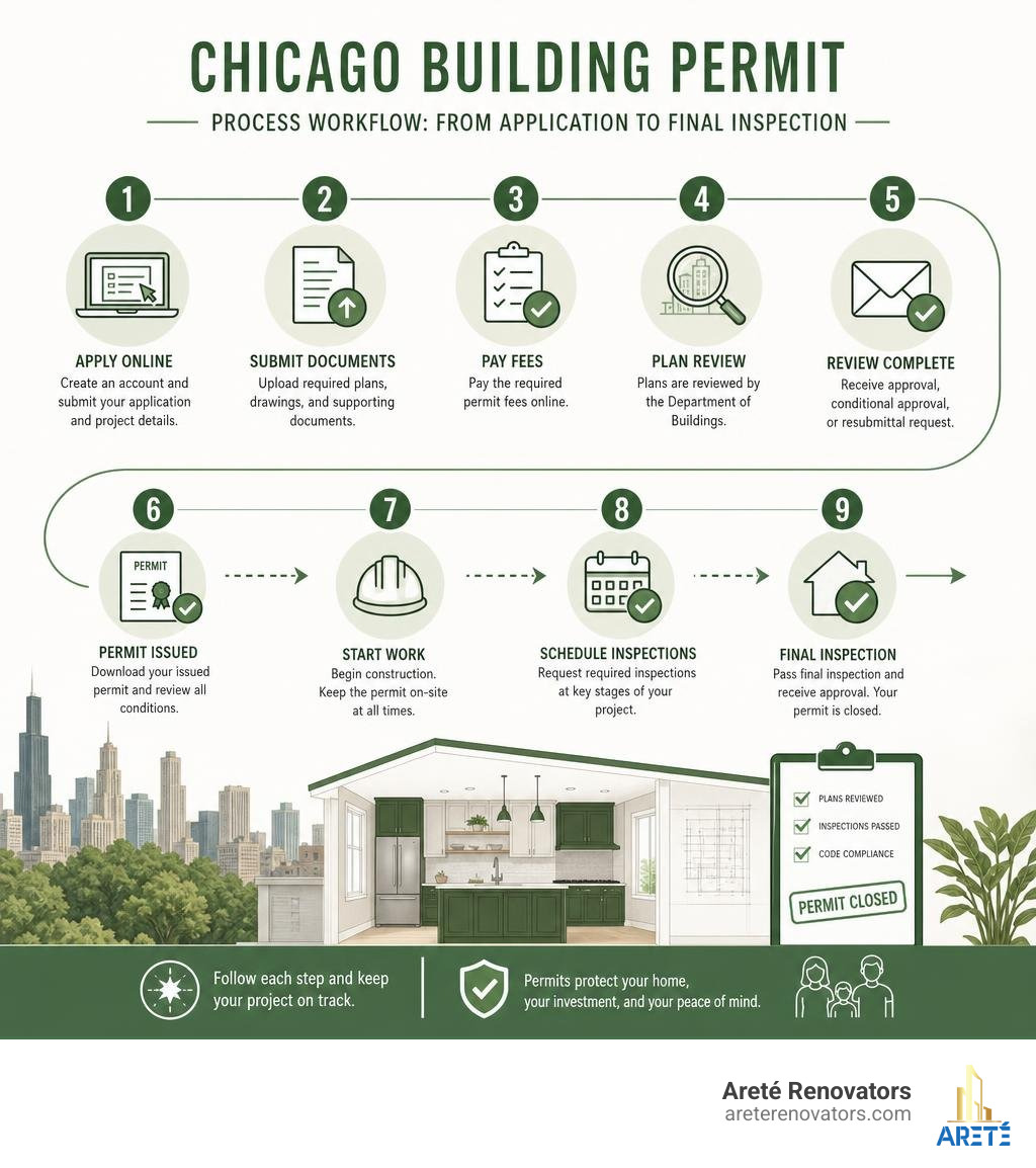 Chicago building permit process workflow from application to final inspection infographic