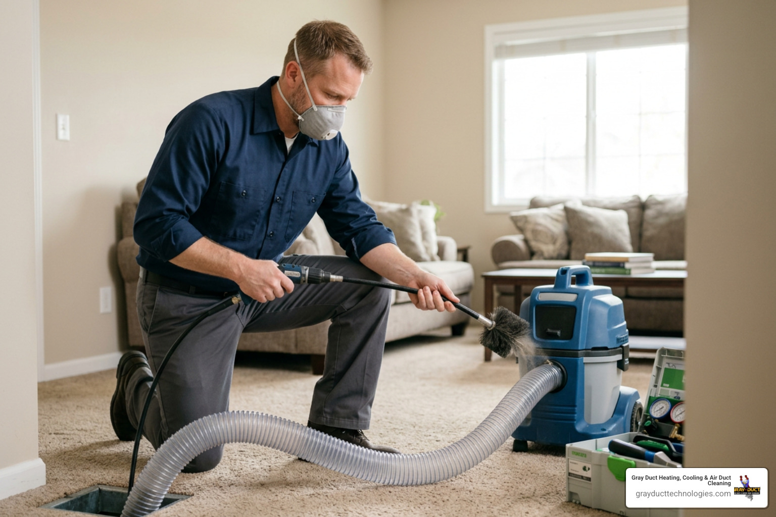 A professional technician using specialized tools to clean air ducts according to NADCA standards A professional technician using specialized tools to clean air ducts according to NADCA standards