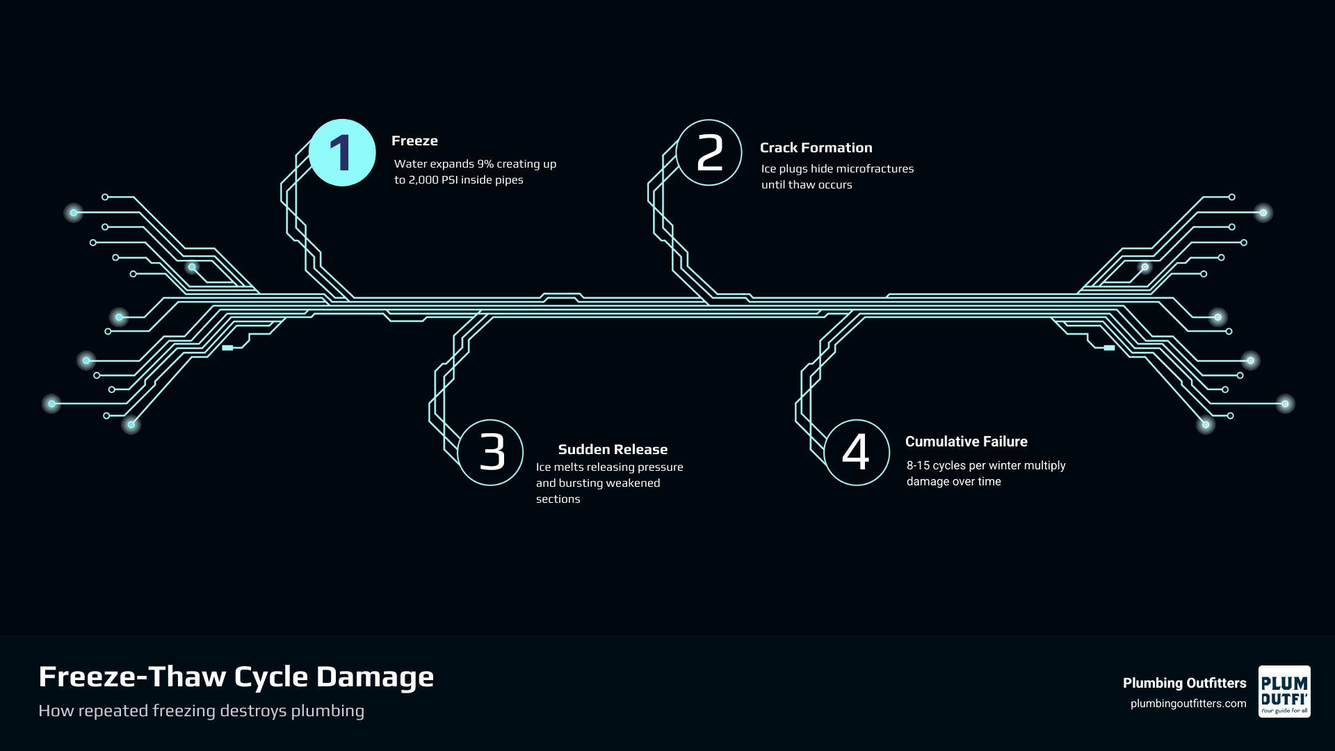 Infographic showing the freeze-thaw cycle stages and how each stage damages home plumbing pipes infographic Infographic showing the freeze-thaw cycle stages and how each stage damages home plumbing pipes infographic