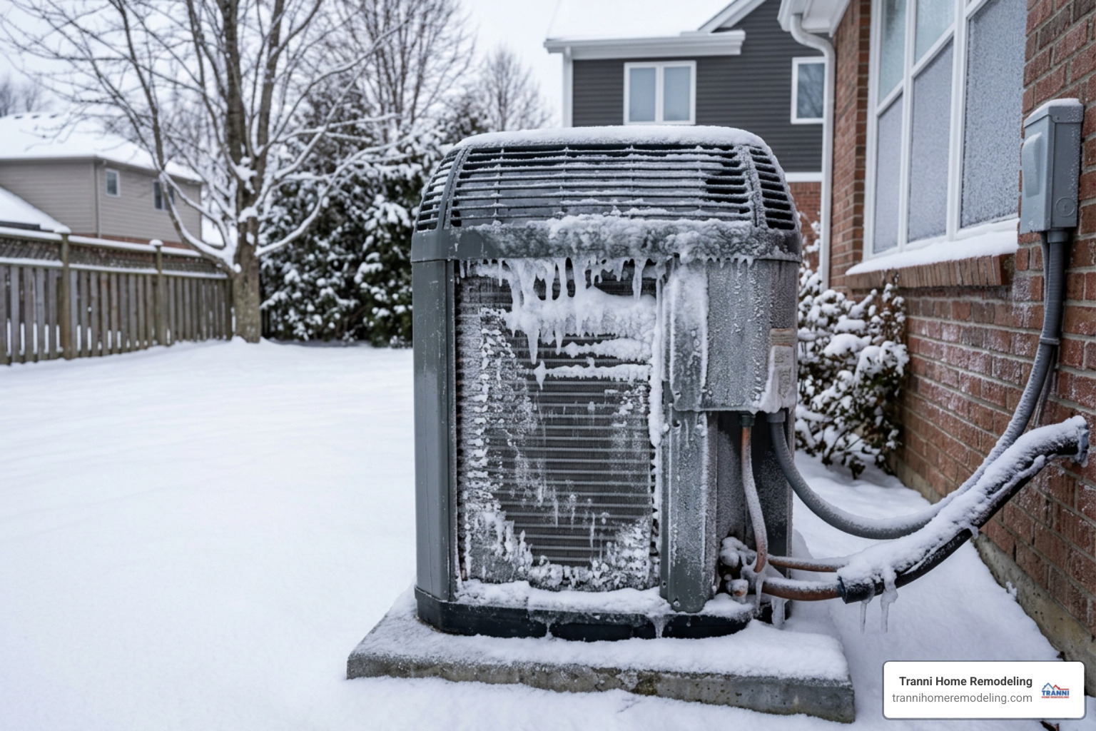 outdoor condenser unit covered in winter ice