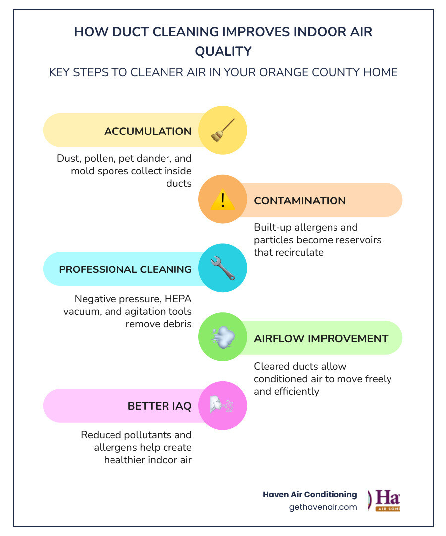 Infographic showing how duct cleaning affects indoor air quality: contaminants removed, when to clean, and alternatives Infographic showing how duct cleaning affects indoor air quality: contaminants removed, when to clean, and alternatives