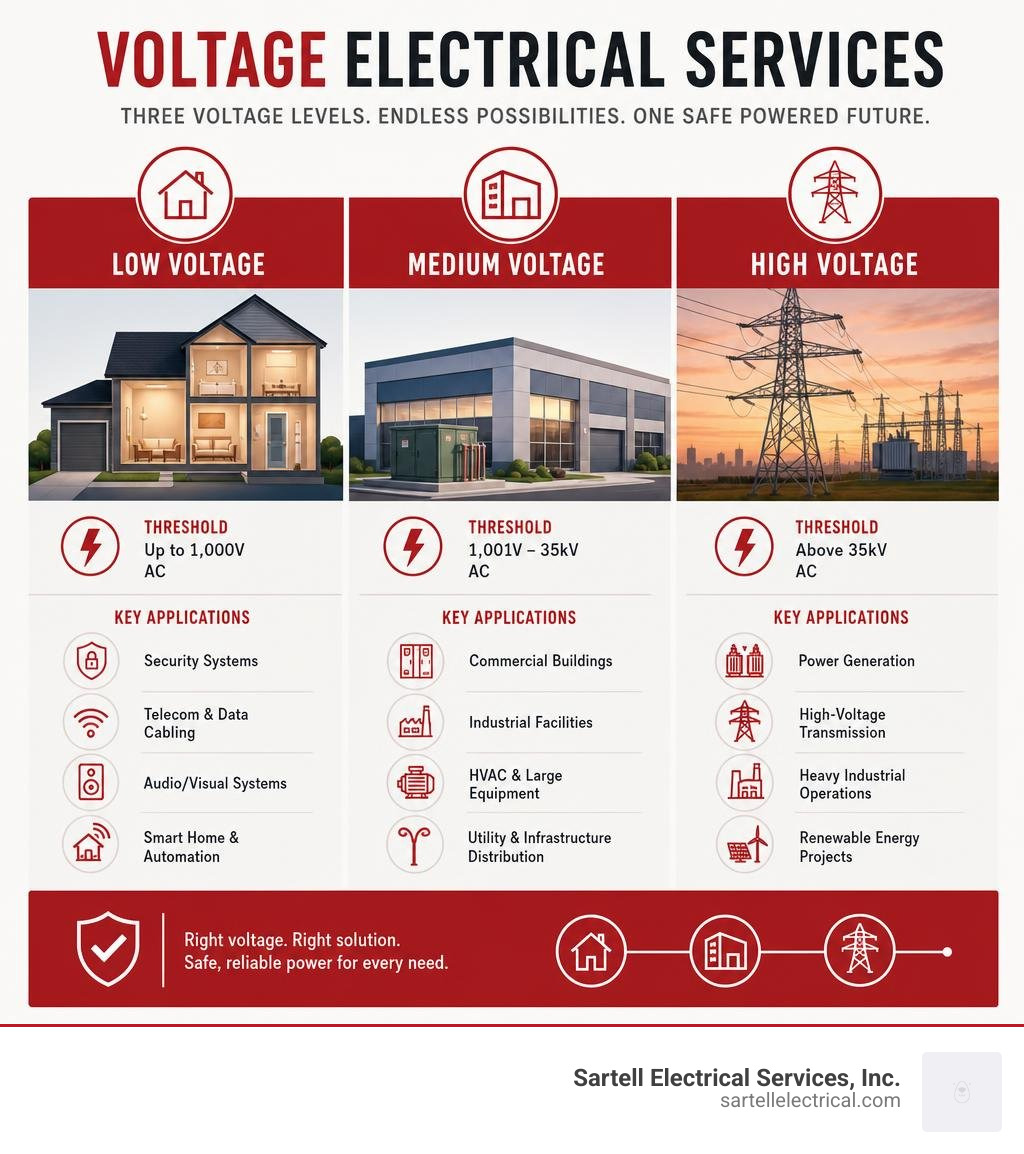 Infographic showing voltage electrical service types: low, medium, and high voltage with key applications and thresholds