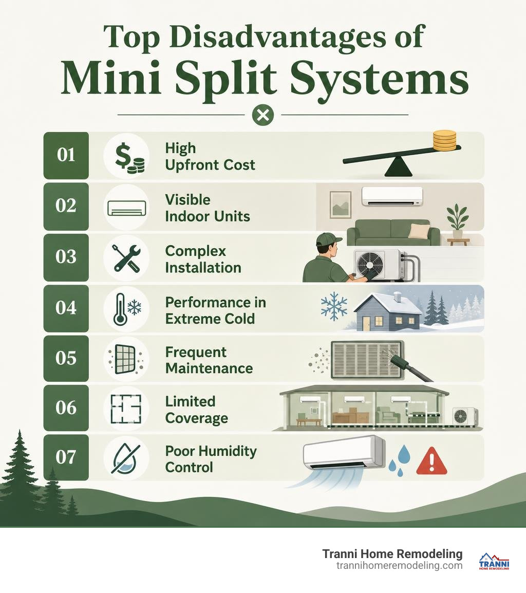 Infographic summarizing the top disadvantages of mini split systems including cost, maintenance, and performance limits