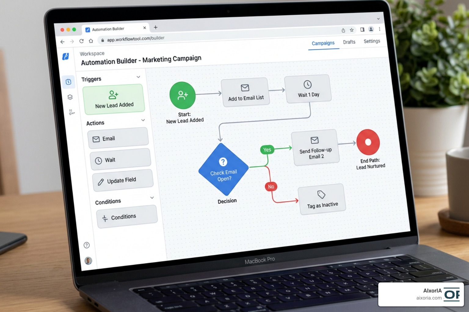Visual drag-and-drop workflow builder showing multi-step paths