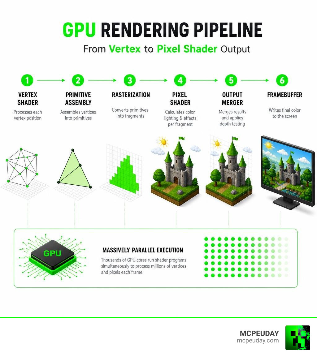 Infographic showing GPU rendering pipeline stages from vertex to pixel shader output infographic Infographic showing GPU rendering pipeline stages from vertex to pixel shader output infographic