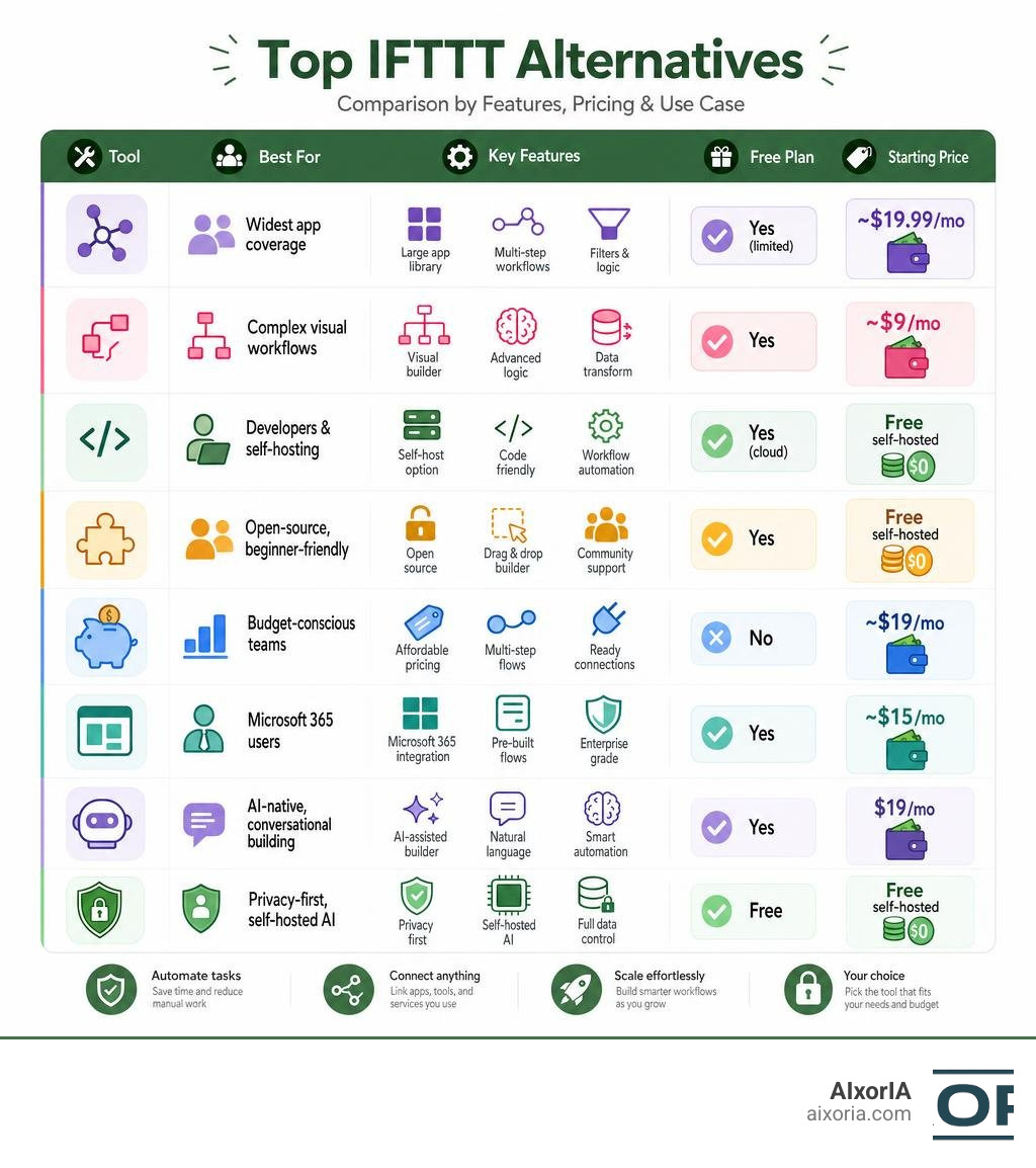 Comparison infographic of top IFTTT alternatives by features pricing and use case infographic