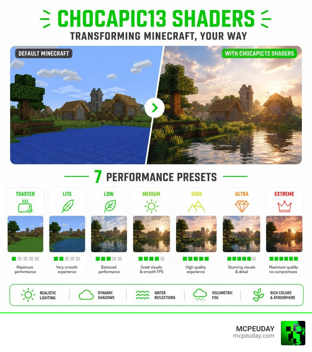 Infographic showing how Chocapic13 shaders transform Minecraft from flat default lighting to realistic visuals across 7