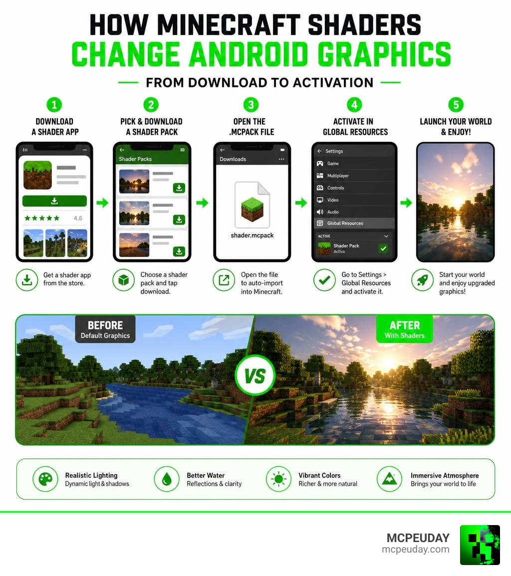 How Minecraft shaders change Android graphics - steps from download to activation infographic