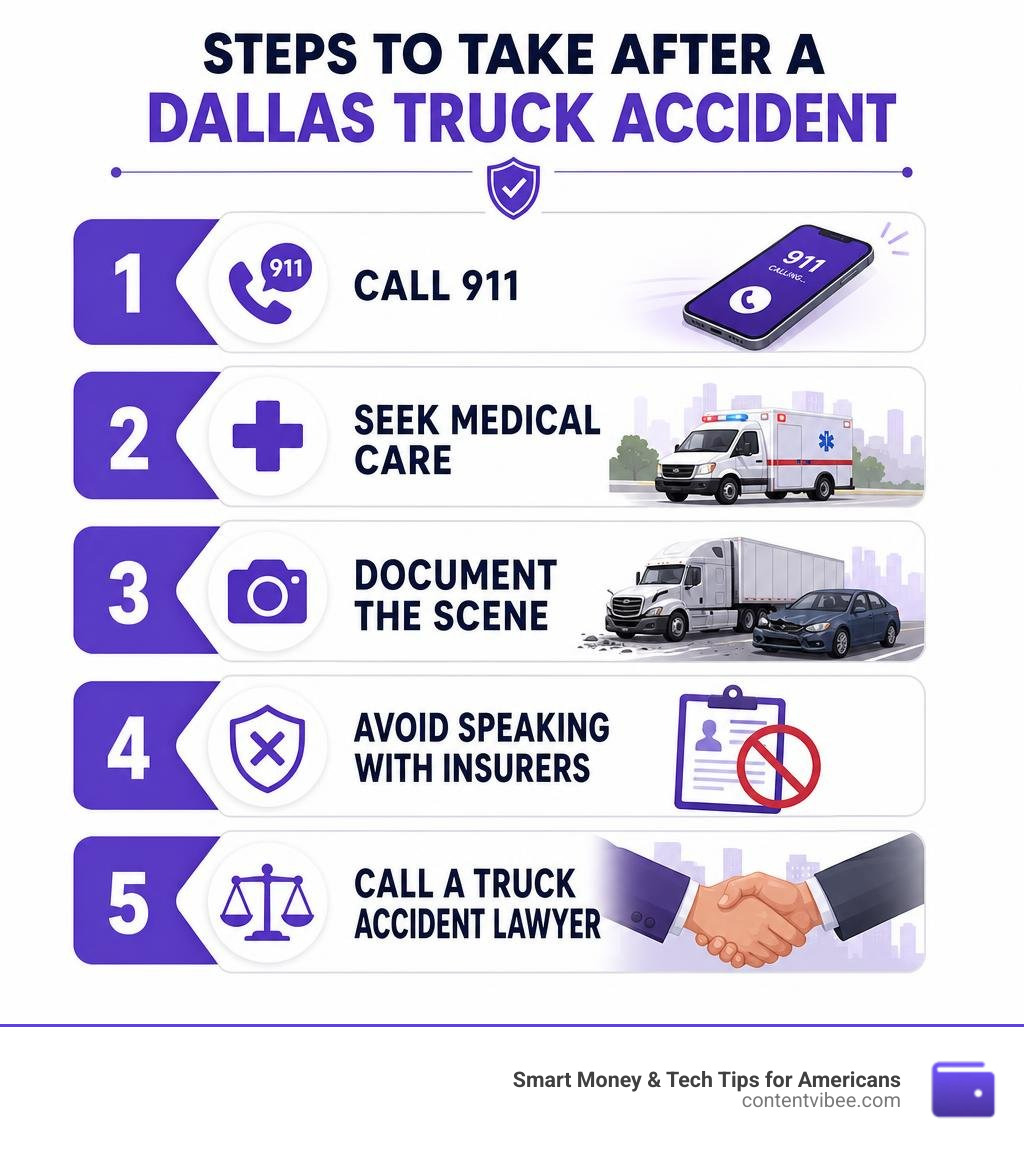 Steps to take after a Dallas truck accident: call 911, seek medical care, document scene, avoid insurers, call a lawyer