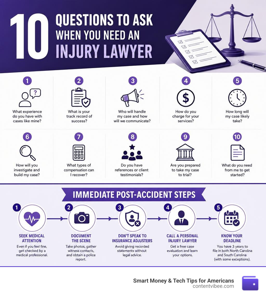 10 questions to ask when you need an injury lawyer with immediate post-accident steps infographic