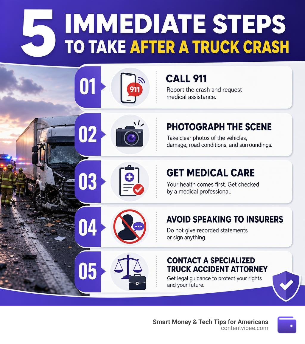 Infographic showing 5 immediate steps to take after a truck crash: call 911, photograph the scene, get medical care, avoid