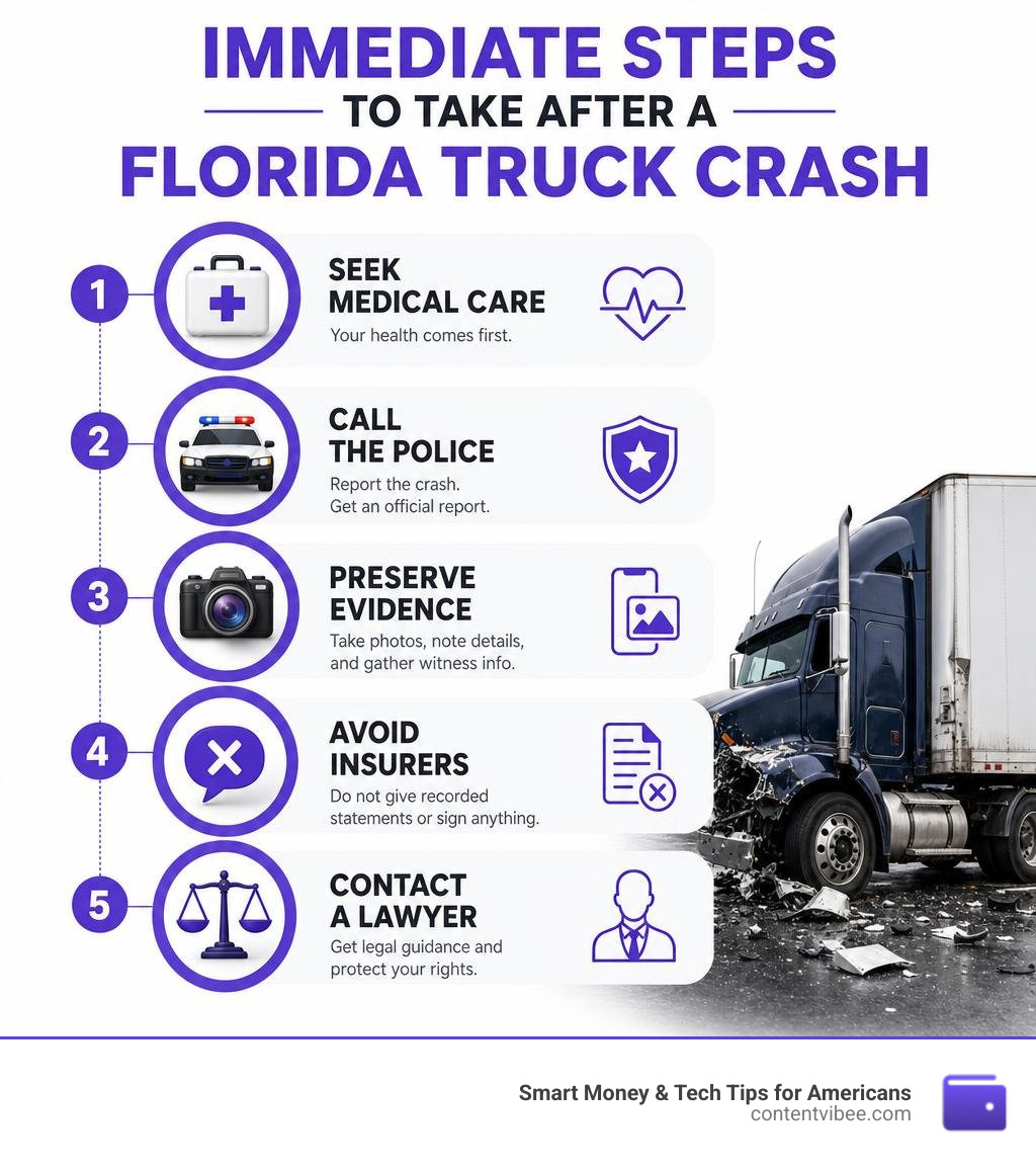 Immediate steps to take after a Florida truck crash: seek medical care, call police, preserve evidence, avoid insurers
