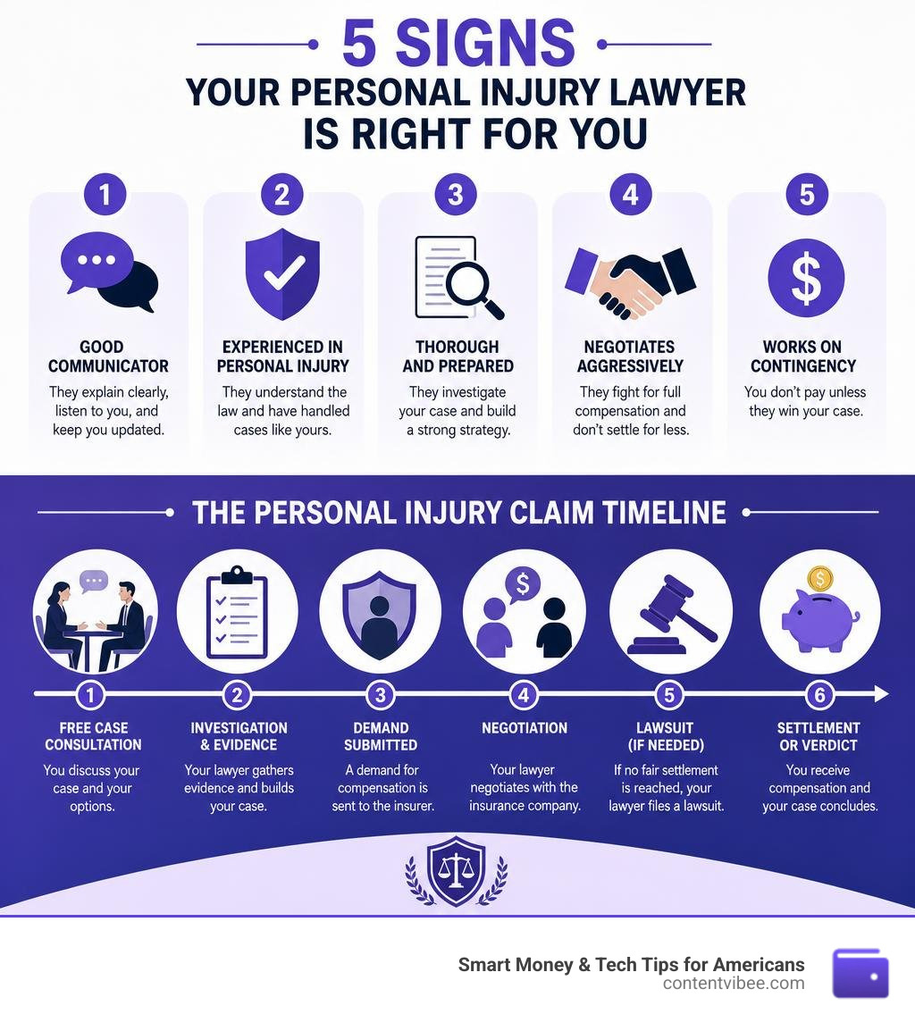 Infographic showing 5 signs of a good personal injury lawyer and the personal injury claim timeline infographic