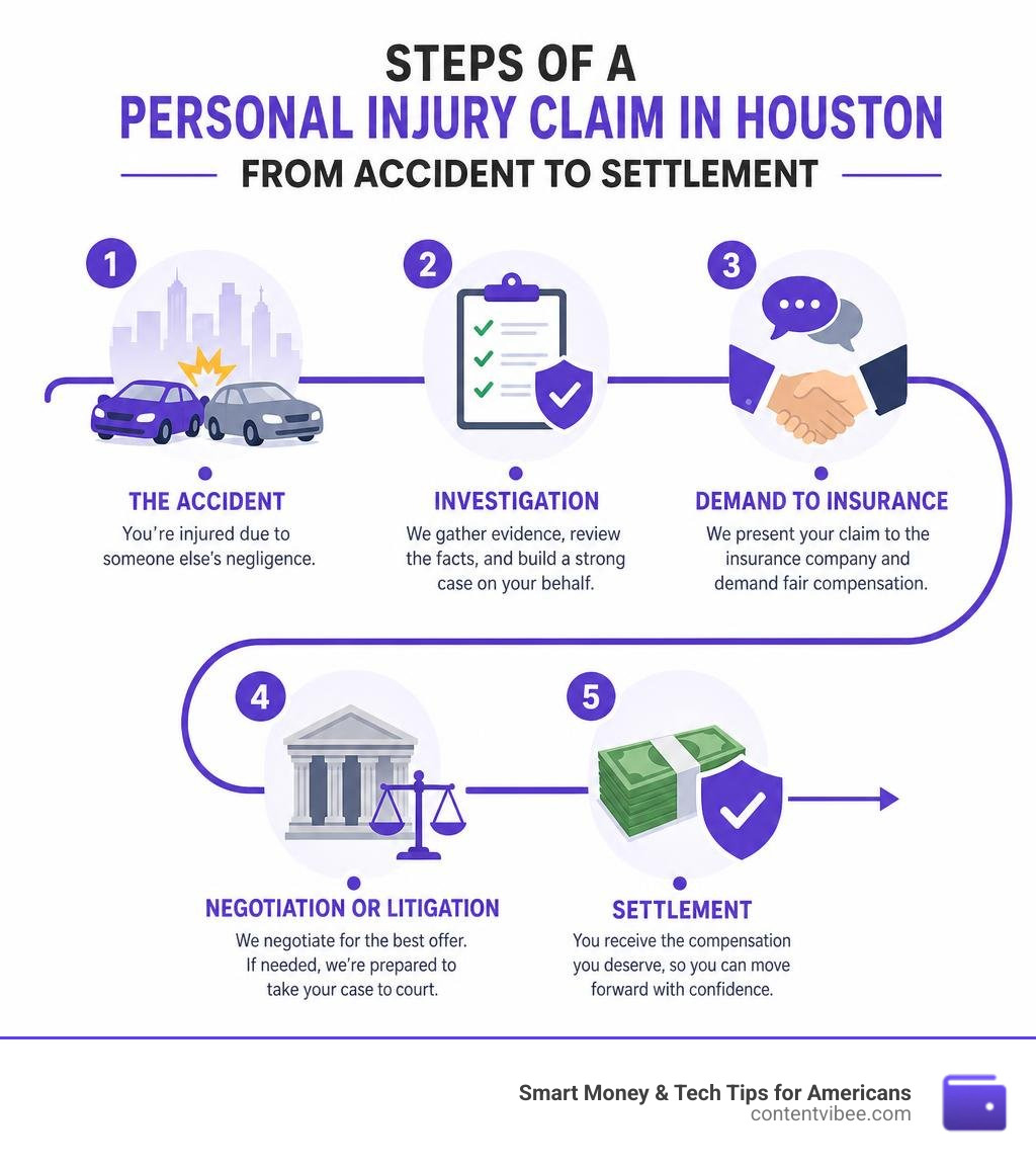 Steps of a personal injury claim in Houston from accident to settlement infographic