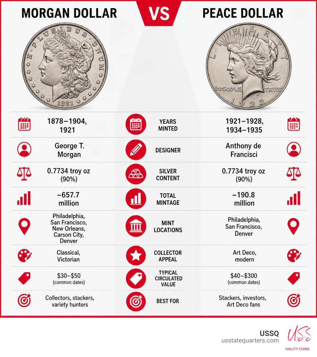 Refined Morgan Dollar vs Peace Dollar infographic comparing years minted, designers, silver content, mintages, mint Refined Morgan Dollar vs Peace Dollar infographic comparing years minted, designers, silver content, mintages, mint