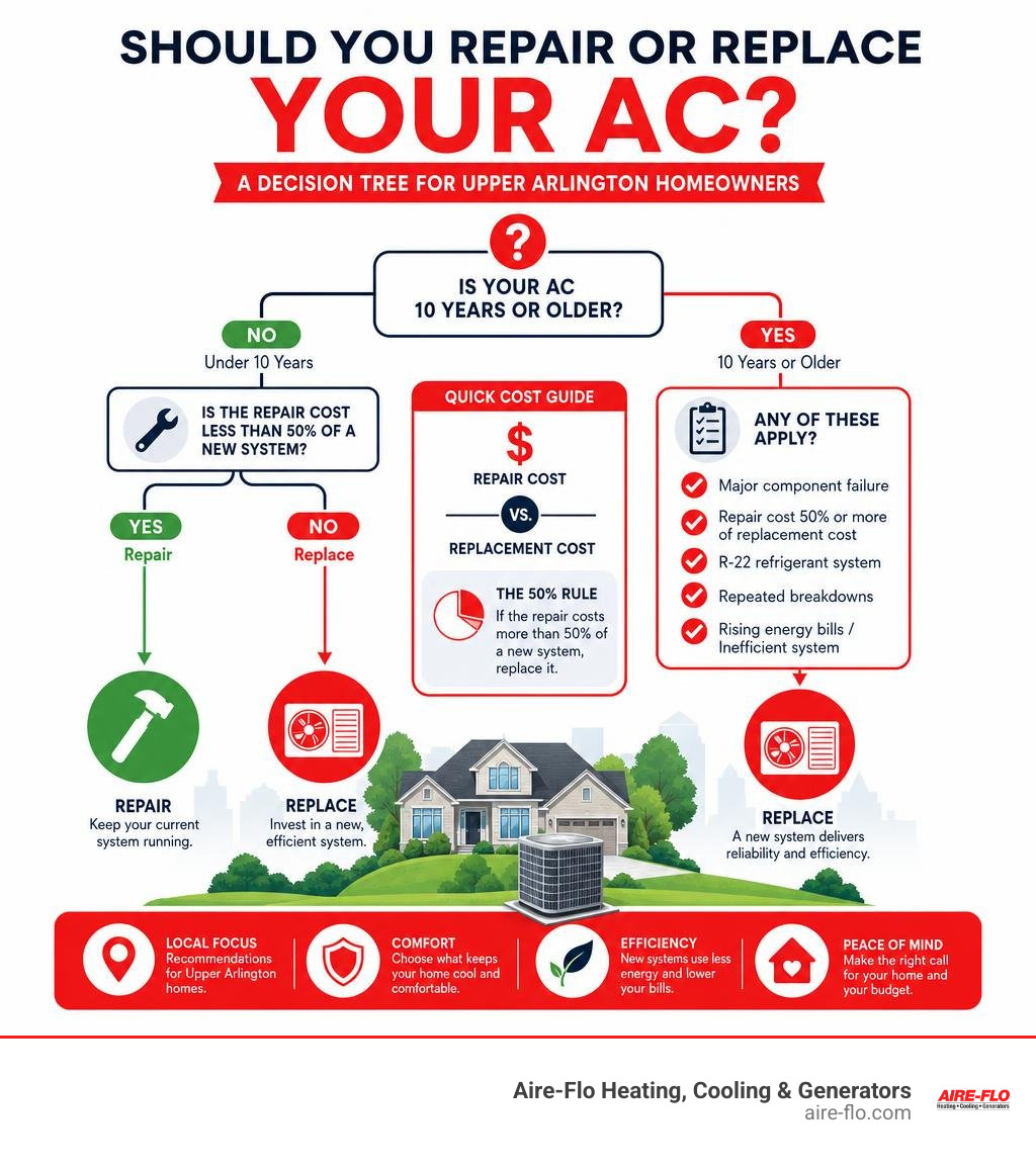 AC repair vs replace decision tree infographic for Upper Arlington homeowners with cost thresholds and key factors
