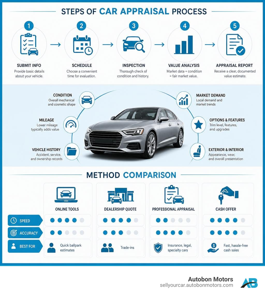 Steps of car appraisal process with value factors and method comparison infographic
