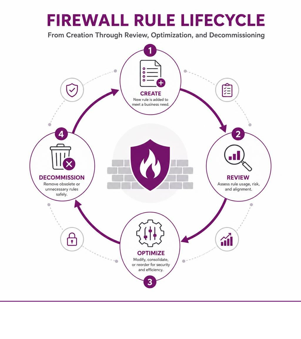 Firewall rule lifecycle from creation through review, optimization, and decommissioning infographic Firewall rule lifecycle from creation through review, optimization, and decommissioning infographic