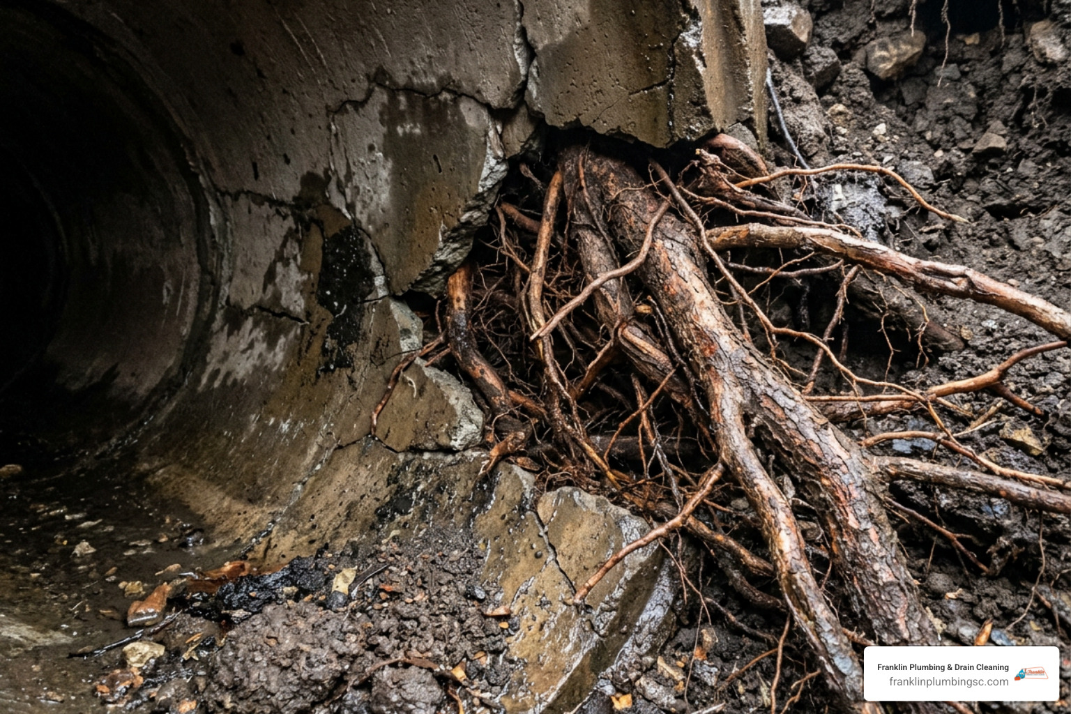 Tree root intrusion inside a cracked sewer pipe underground