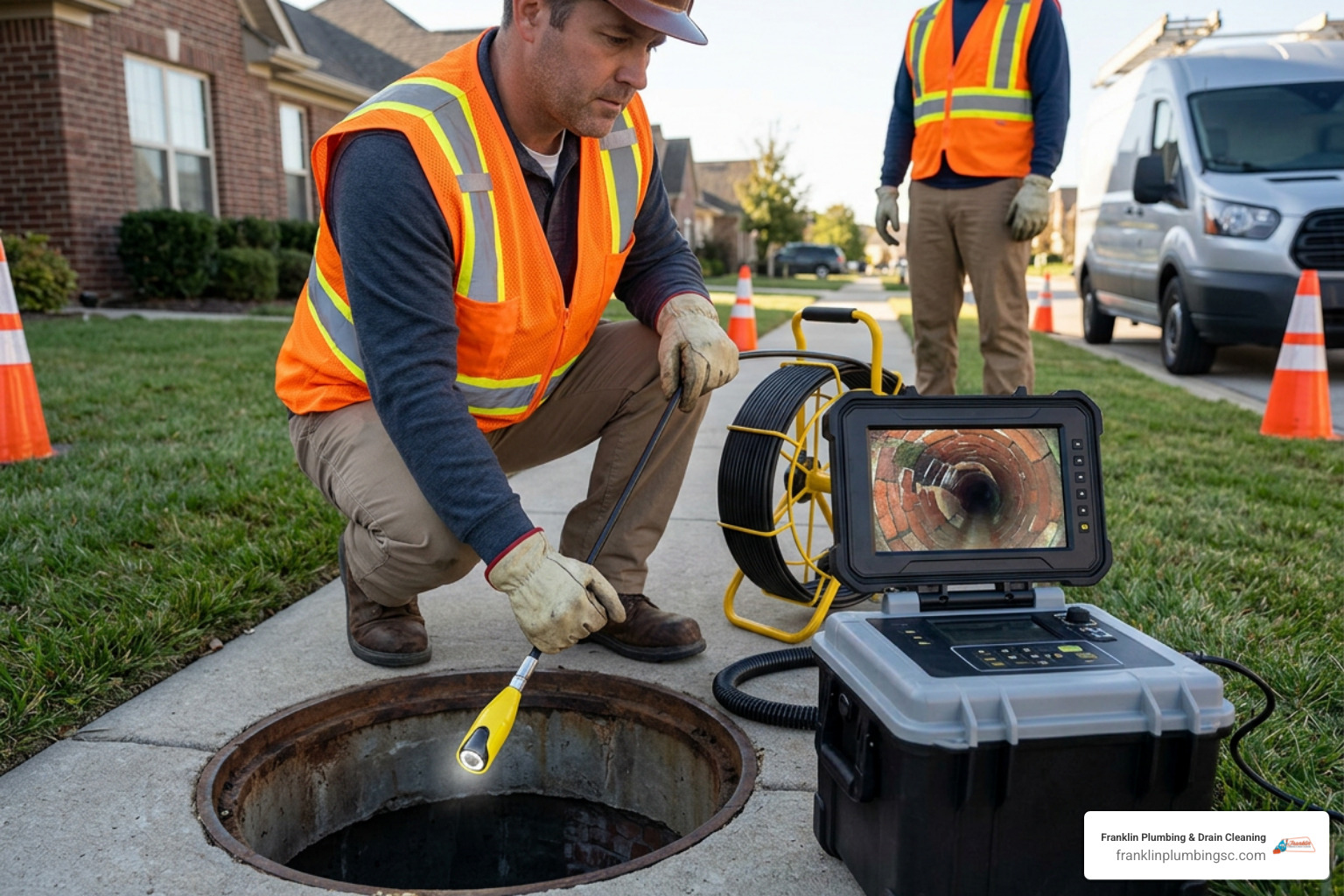 Technician reviewing sewer camera footage on a bright monitor screen