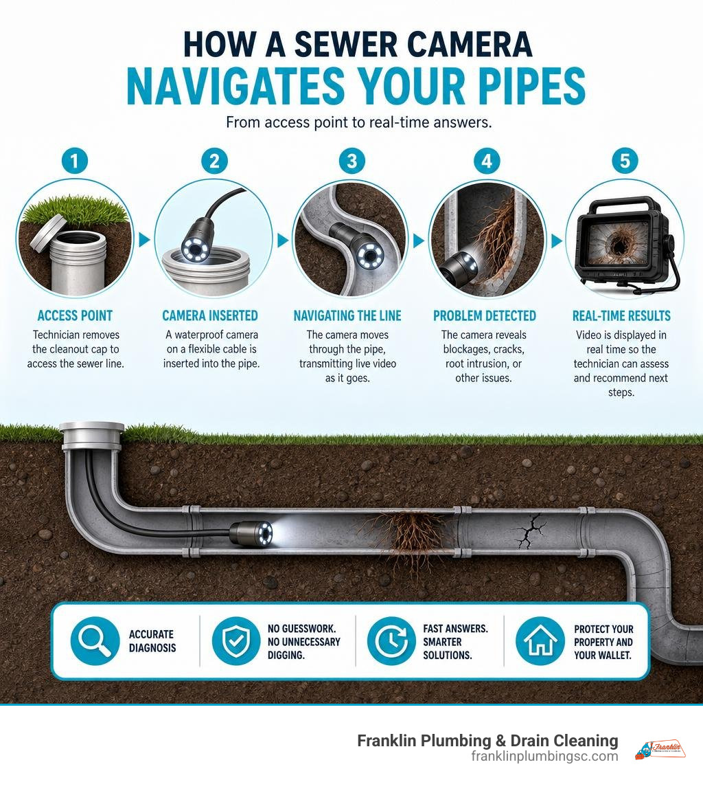 Infographic showing how a sewer camera navigates underground pipes with labeled steps from cleanout access to real-time