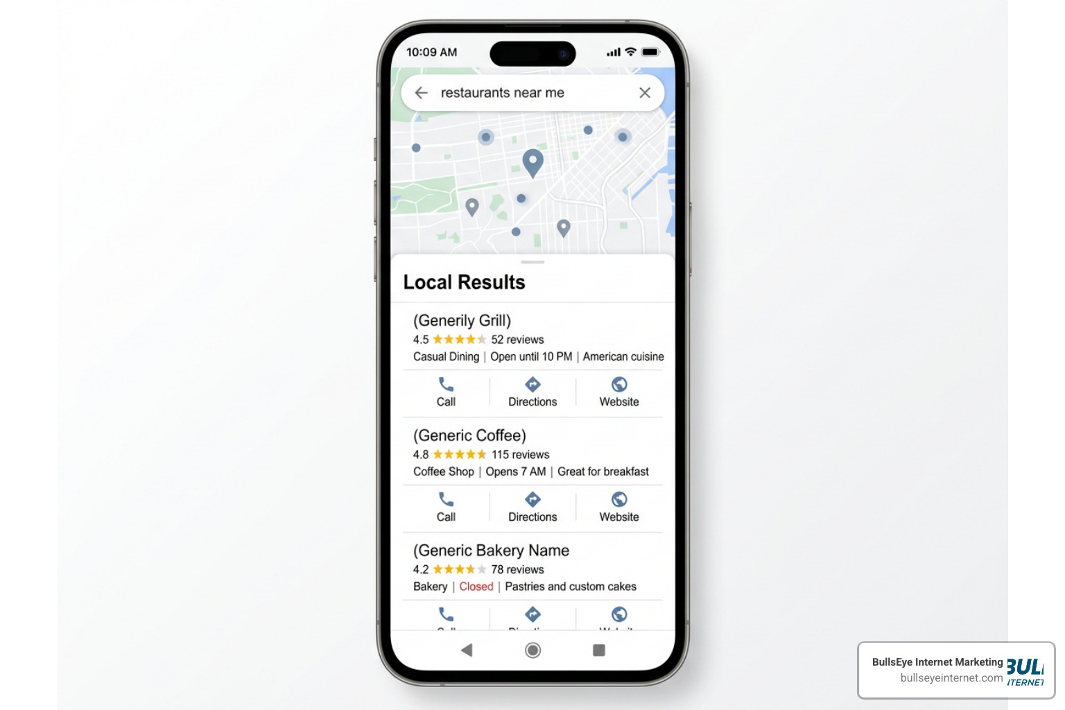 Google Maps local pack search results showing top three local business listings with reviews and contact options